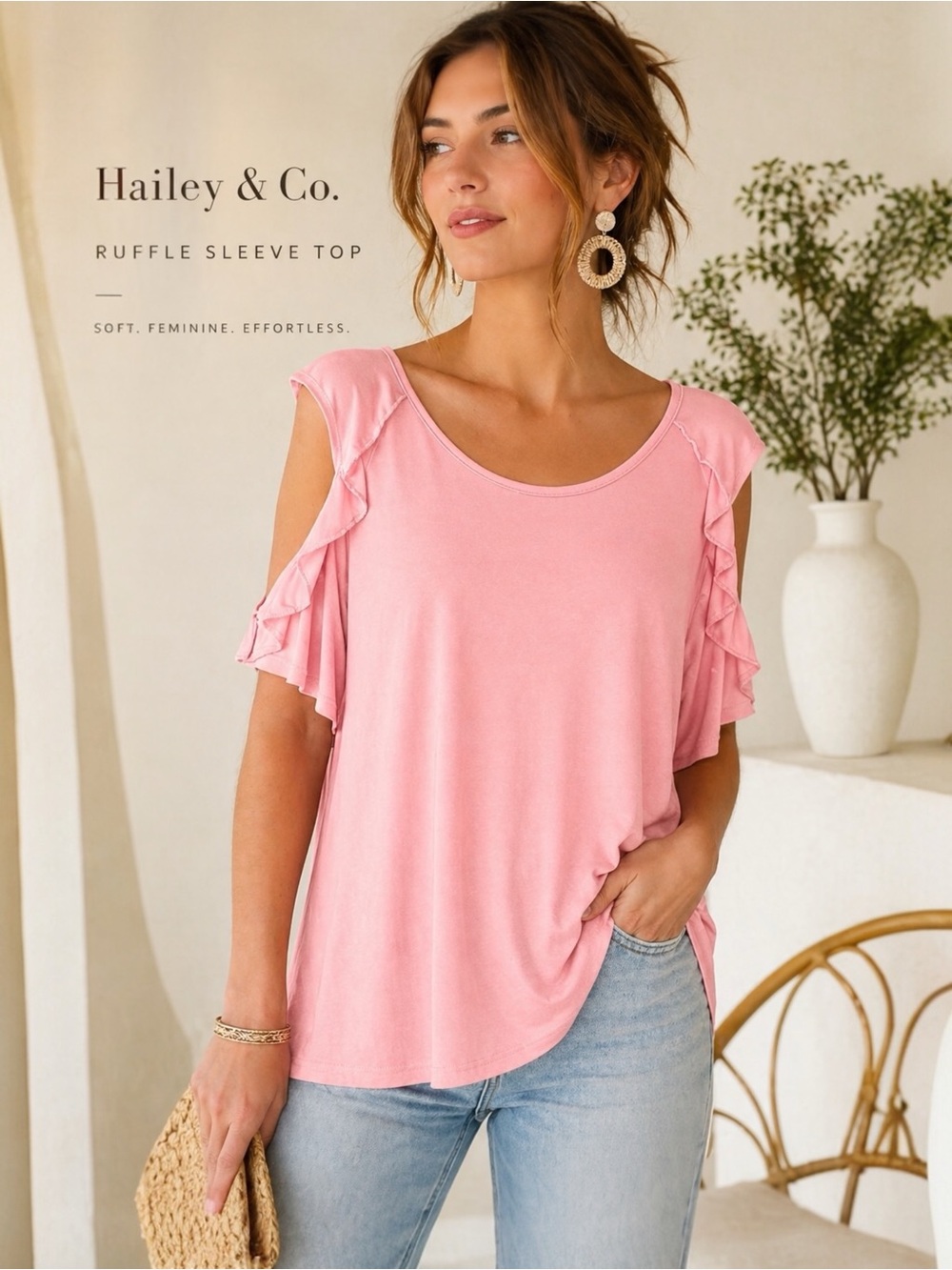 Hailey & Co Boutique Pink Ruffle Sleeve Top NWOT Flowy Blouse Soft Stretch Boho